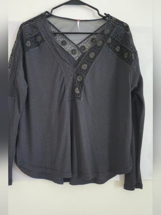 Free People Tops - Free People Charcoal  Lace-Trim Long Sleeve Top